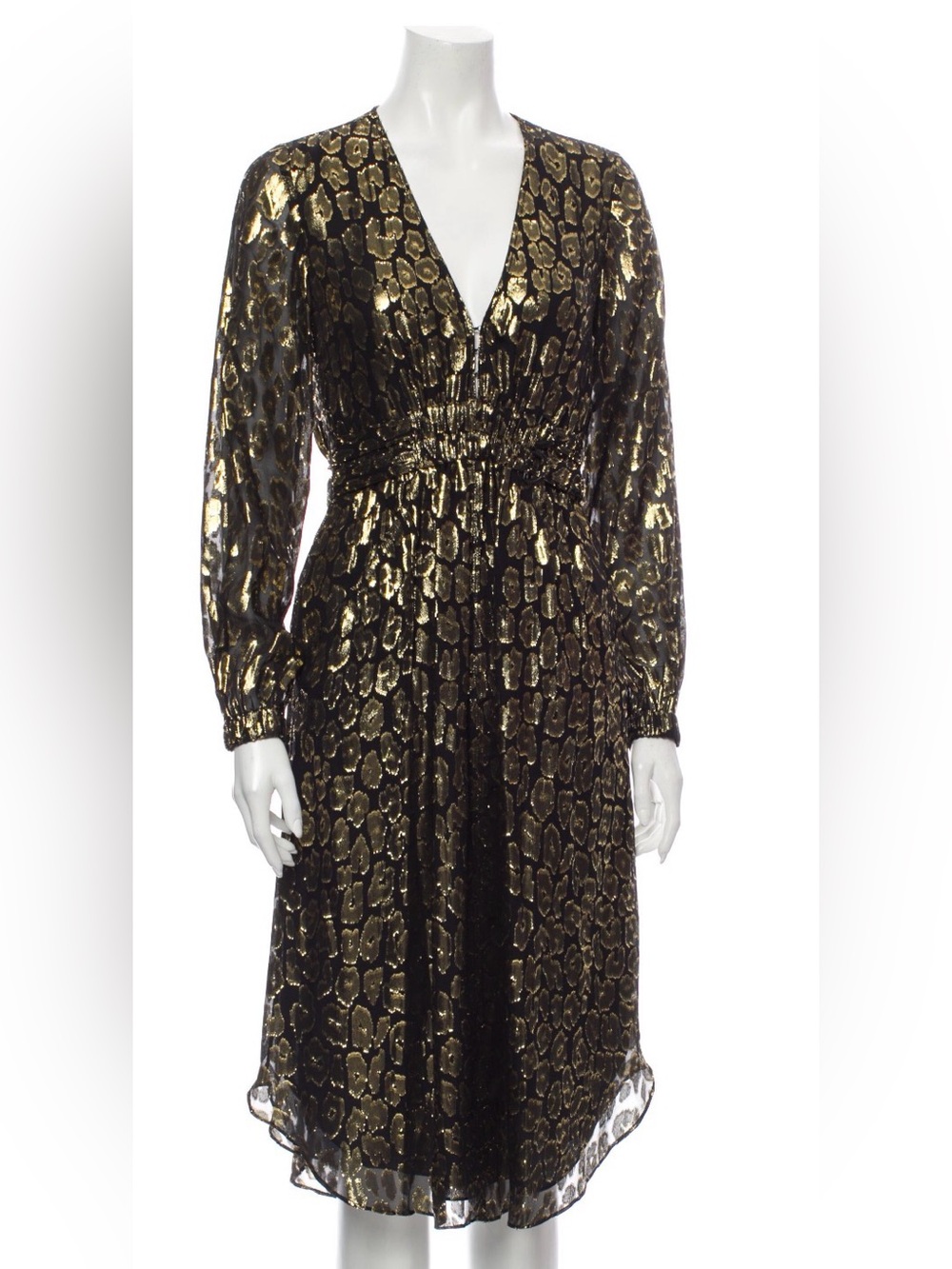 A.L.C. Metallic Gold & Black Patterned Long Sleeve Midi Dress